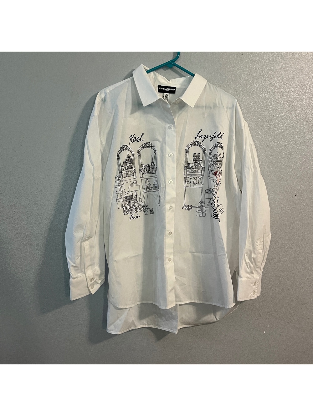 Karl Lagerfeld Paris Womens XL White Graphic Button Down Shirt Paris Oversized